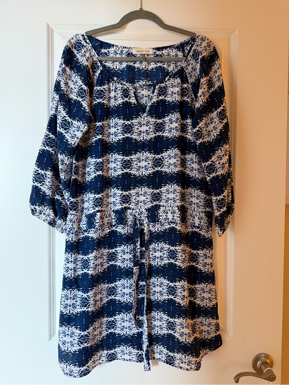 Amour Vert Navy and White Long Sleeve Silk Tie-Waist Dress